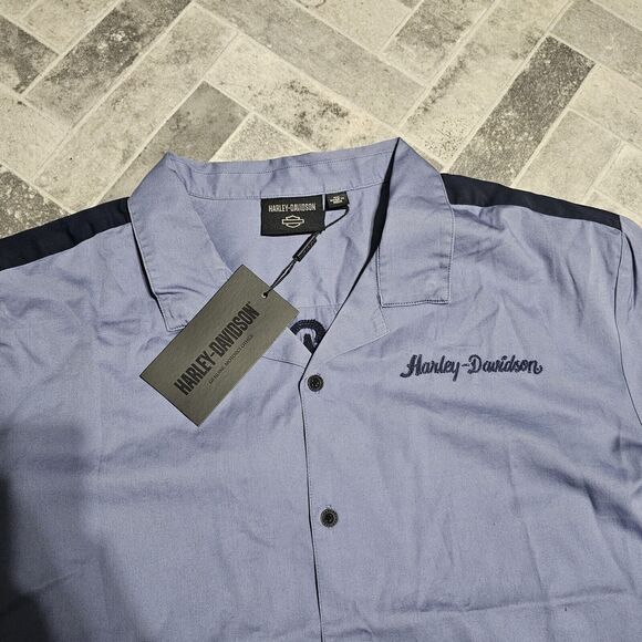 Harley Davidson Men's  3XL Club Crew Short Sleeve Button Down Shirt Colony Blue - Picture 3 of 8